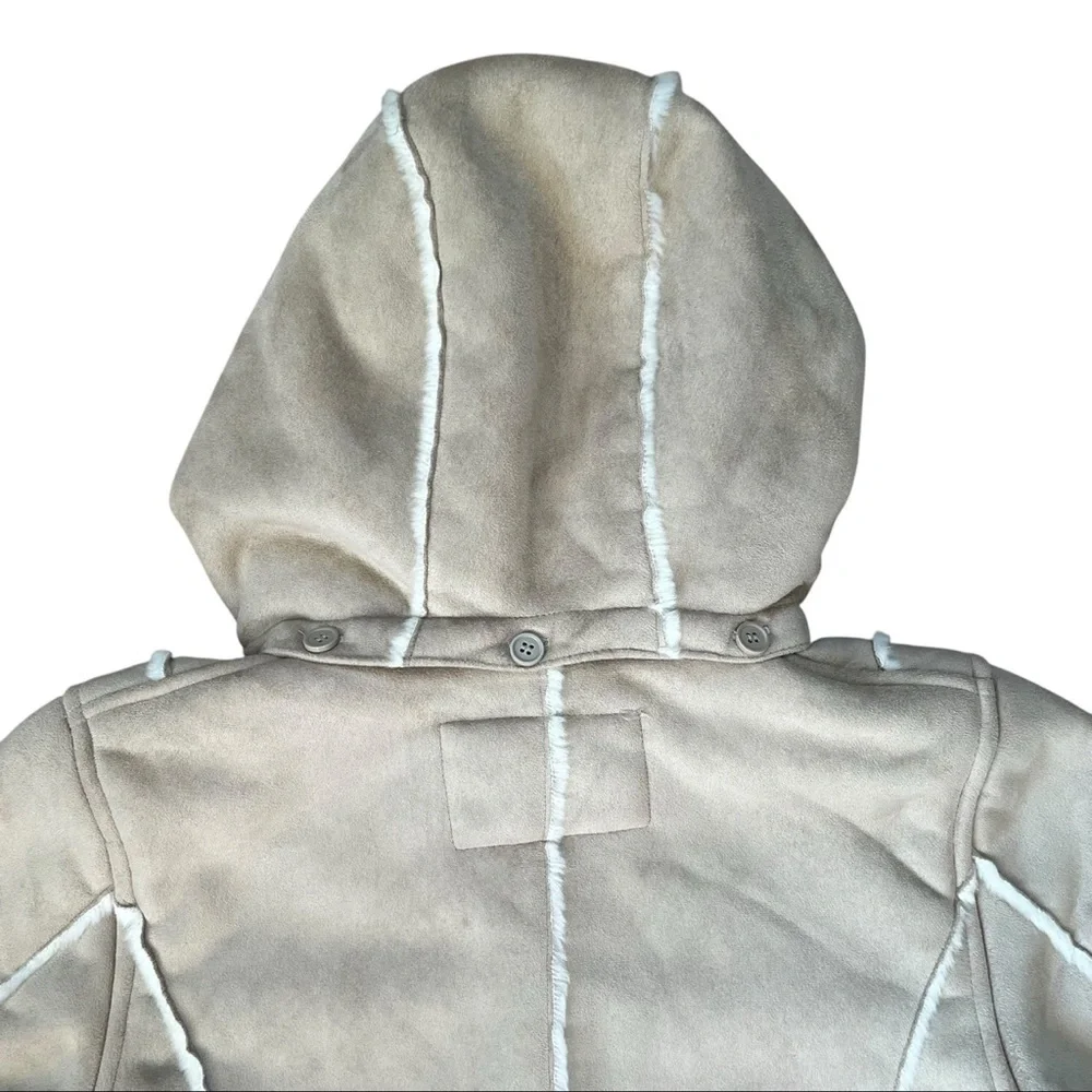 VINTAGE 90s Cream Faux Suede & Fur Hooded Coat Size Large - Picture 13 of 15